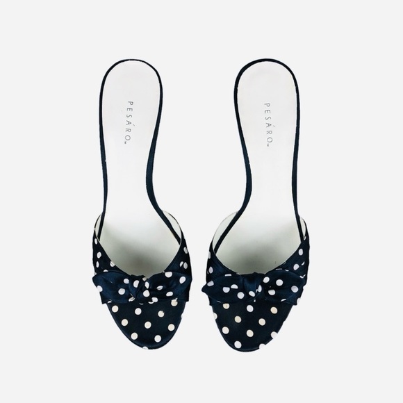 Pesáro Jaynie Navy Polka Dot Kitten Heel Open Toe Sandals with Bow 7.5 - Picture 1 of 9